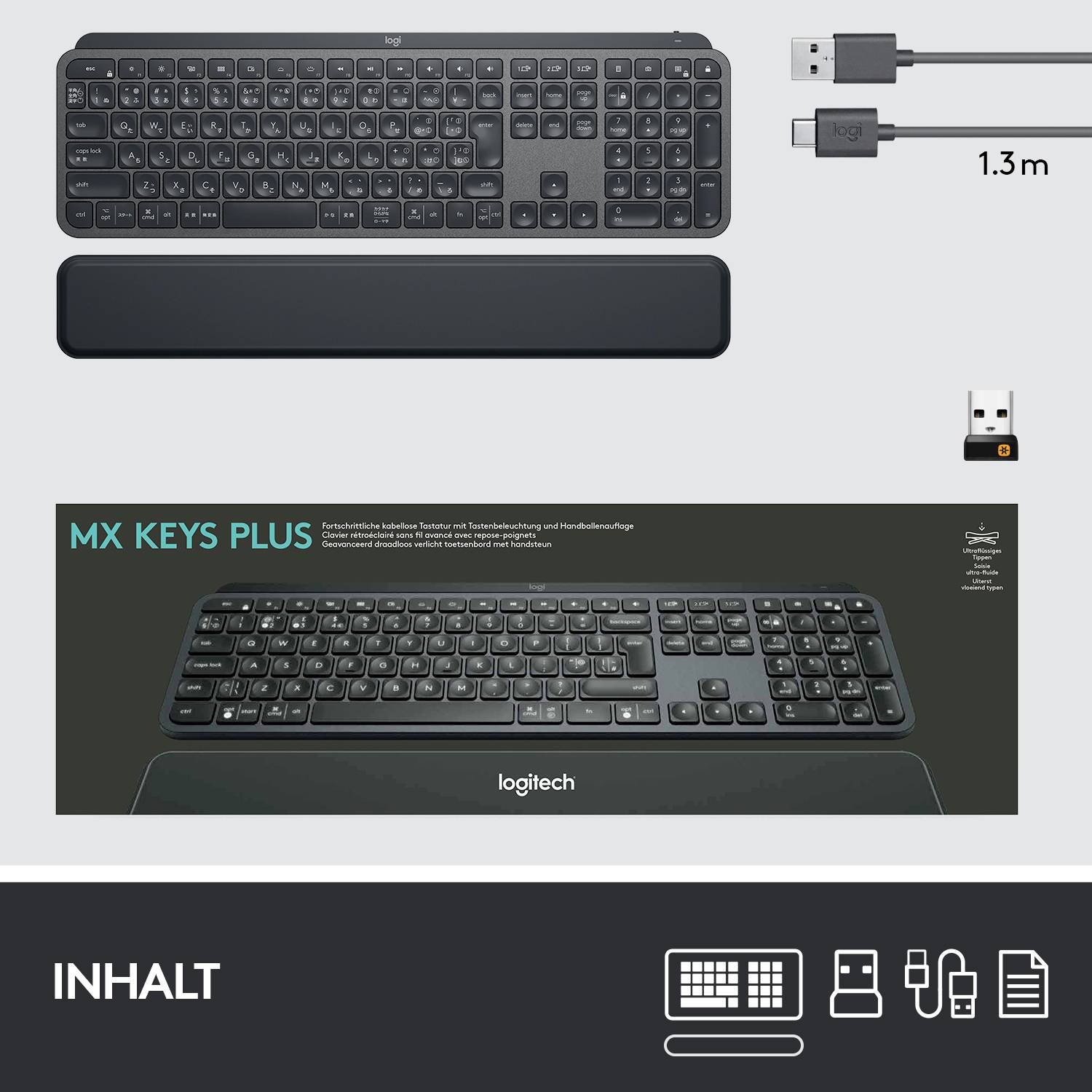 Logitech MX Keys Plus Bluetooth® Tastatur Deutsch, QWERTZ Graphit Beleuchtet, Ergonomisch, Multipair-Funktion