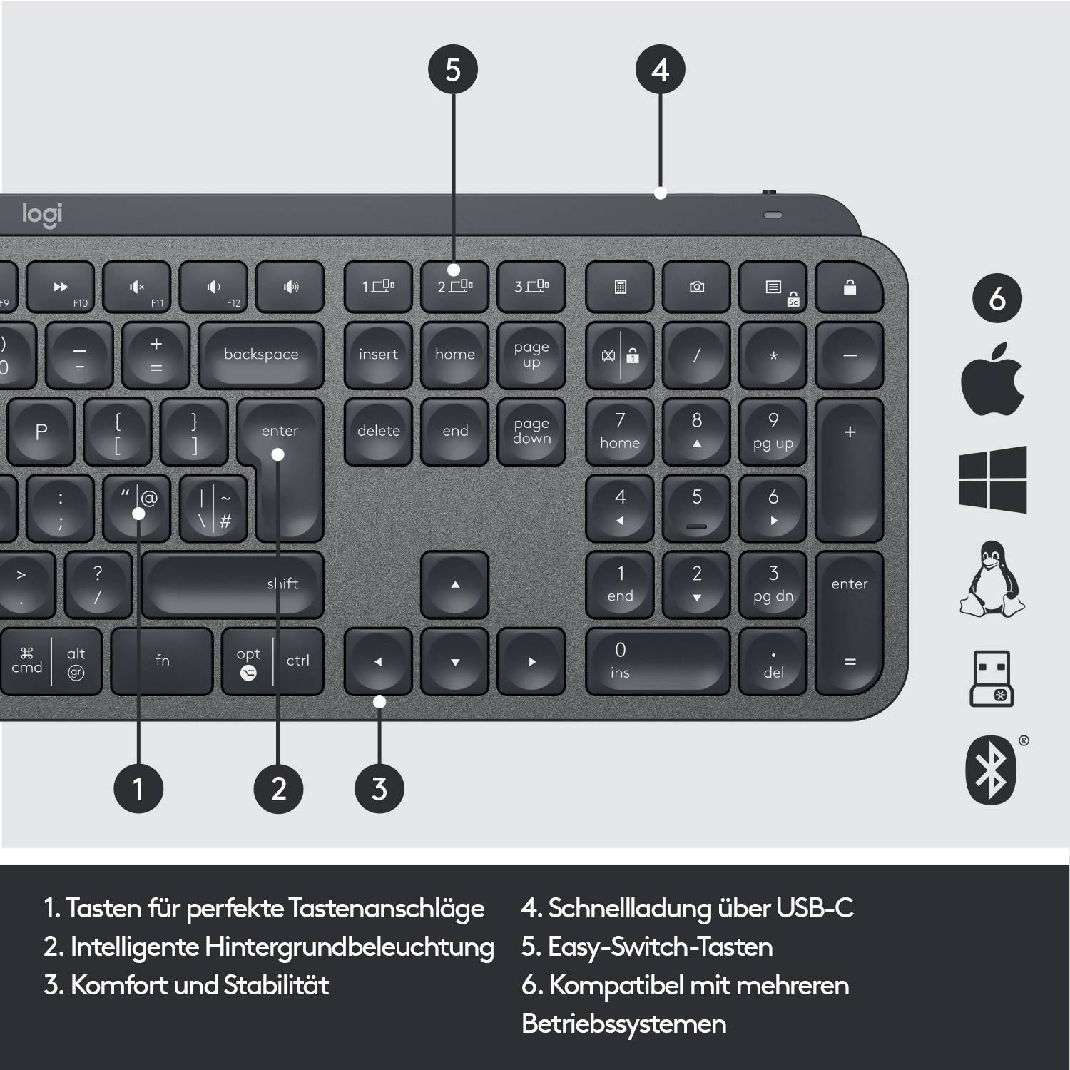 Logitech MX Keys Bluetooth® Tastatur Deutsch, QWERTZ Graphit Beleuchtet, Ergonomisch, Multipair-Funktion