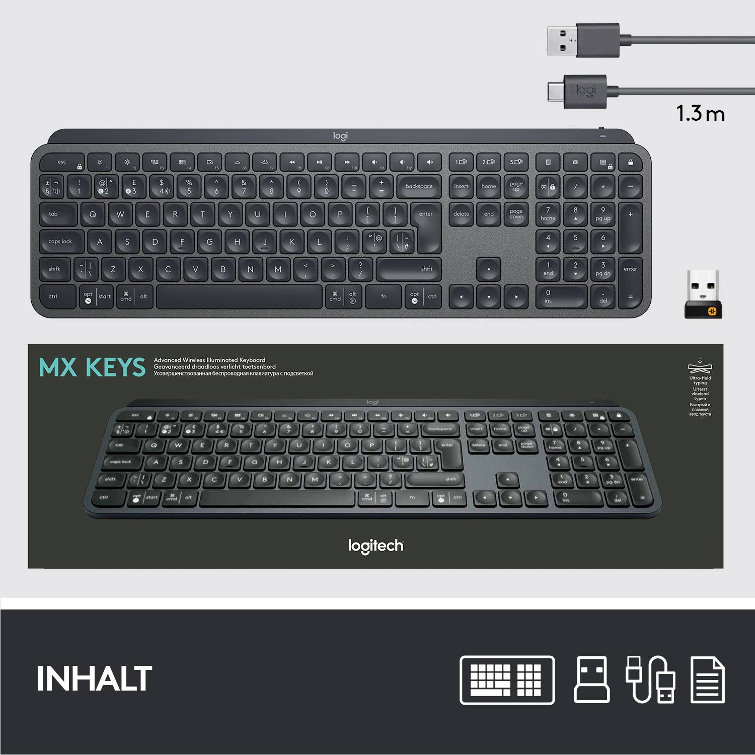 Logitech MX Keys Bluetooth® Tastatur Deutsch, QWERTZ, Windows® Graphit Beleuchtet, Ergonomisch, Multipair-Funktion