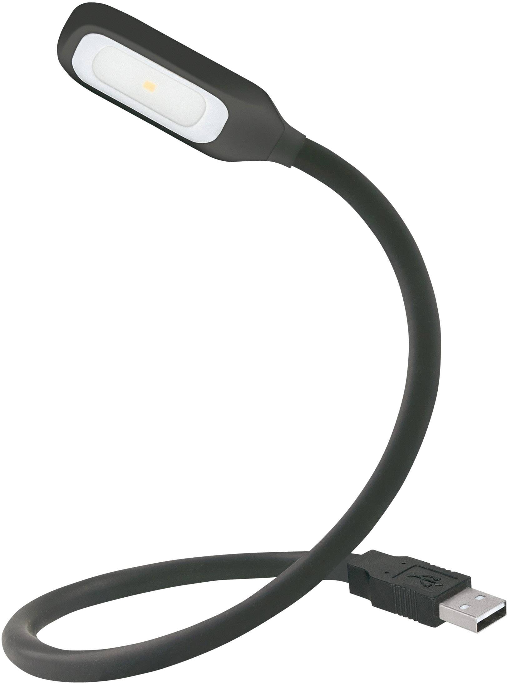 Schwarze, flexible USB-Lampe mit rechteckigem LED-Licht am Ende.