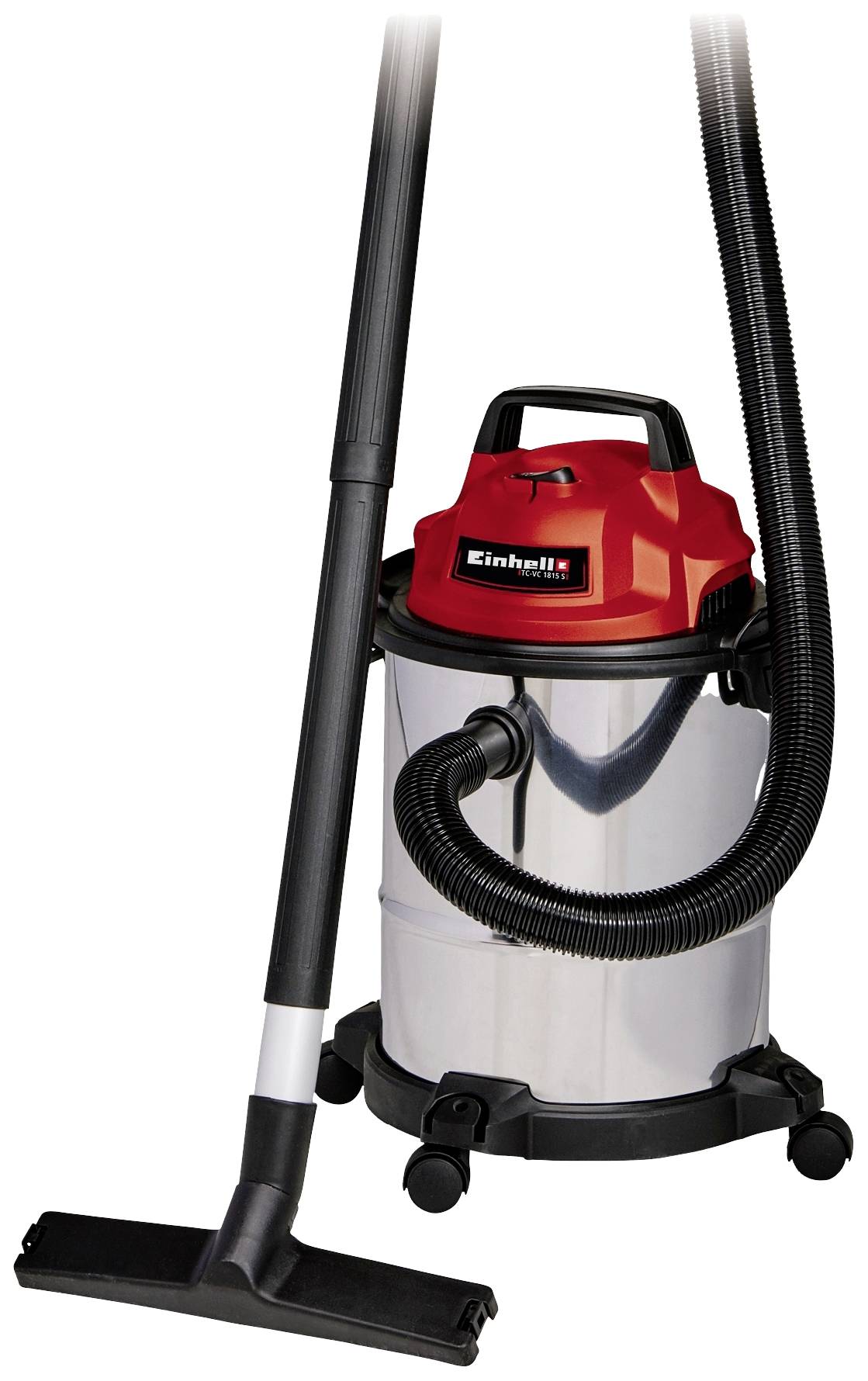 Ein roter und silberfarbener Staubsauger mit rundem Metallbehälter und Rollen, markiert mit 'Einhell'.