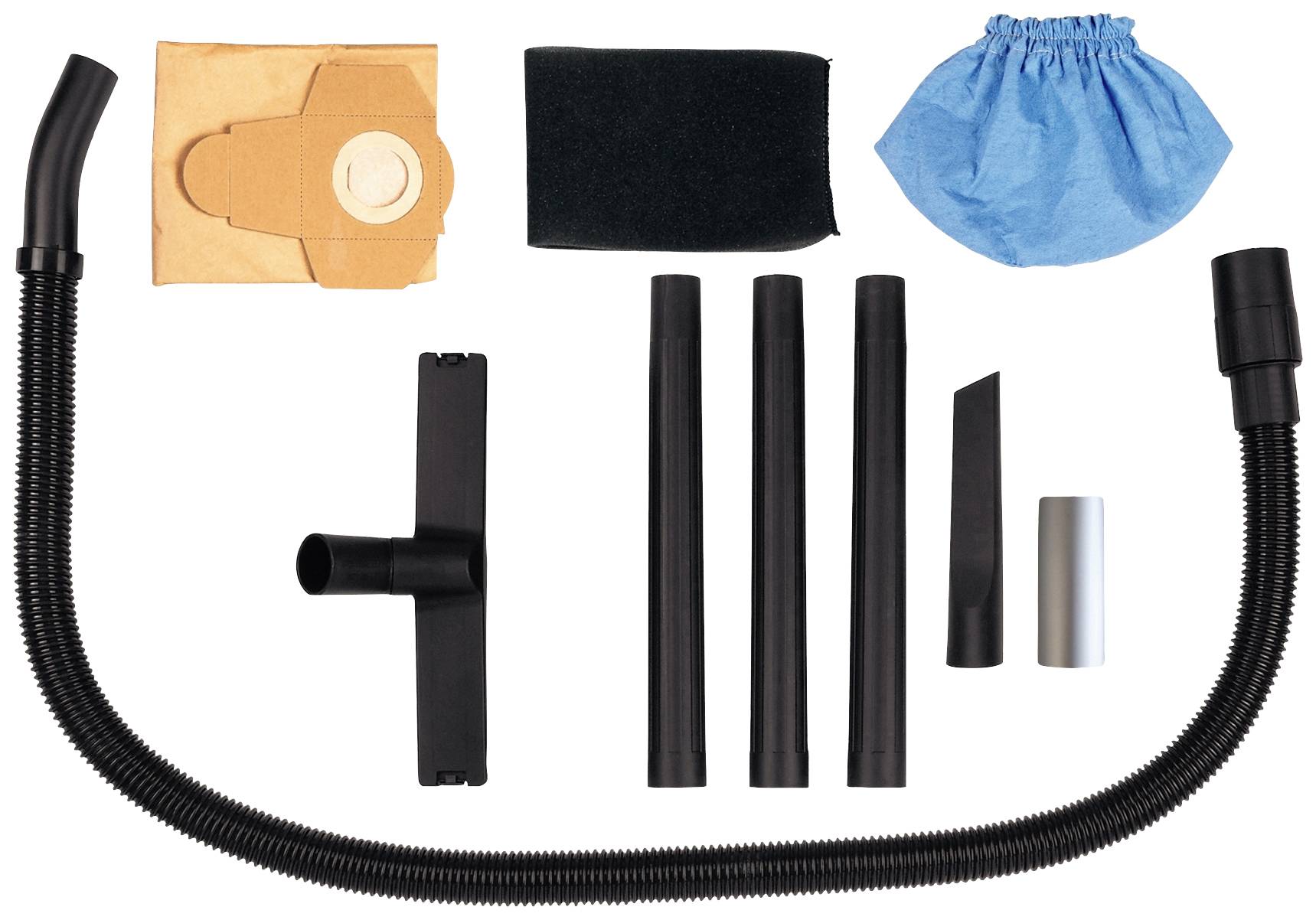 Staubsaugerzubehör-Set mit Schlauch, Düsen, Beuteln und Stangen. Geeignet für verschiedene Reinigungsanforderungen.