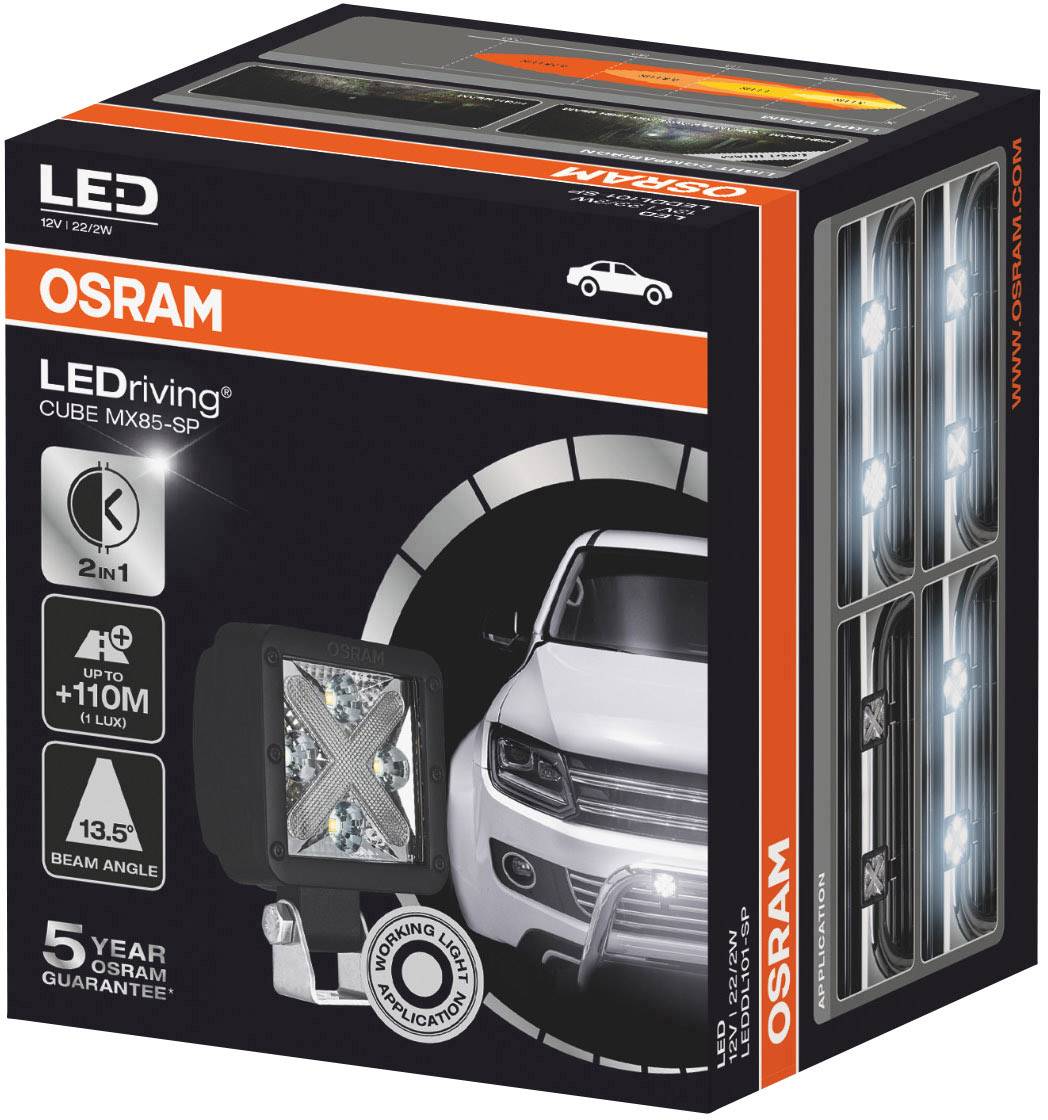 Eine Verpackung von Osram LED-Fahrzeugscheinwerfern. Zeigt Produktbild, Scheinwerferlichtstrahl, und Versprechen einer 5-jährigen Garantie.