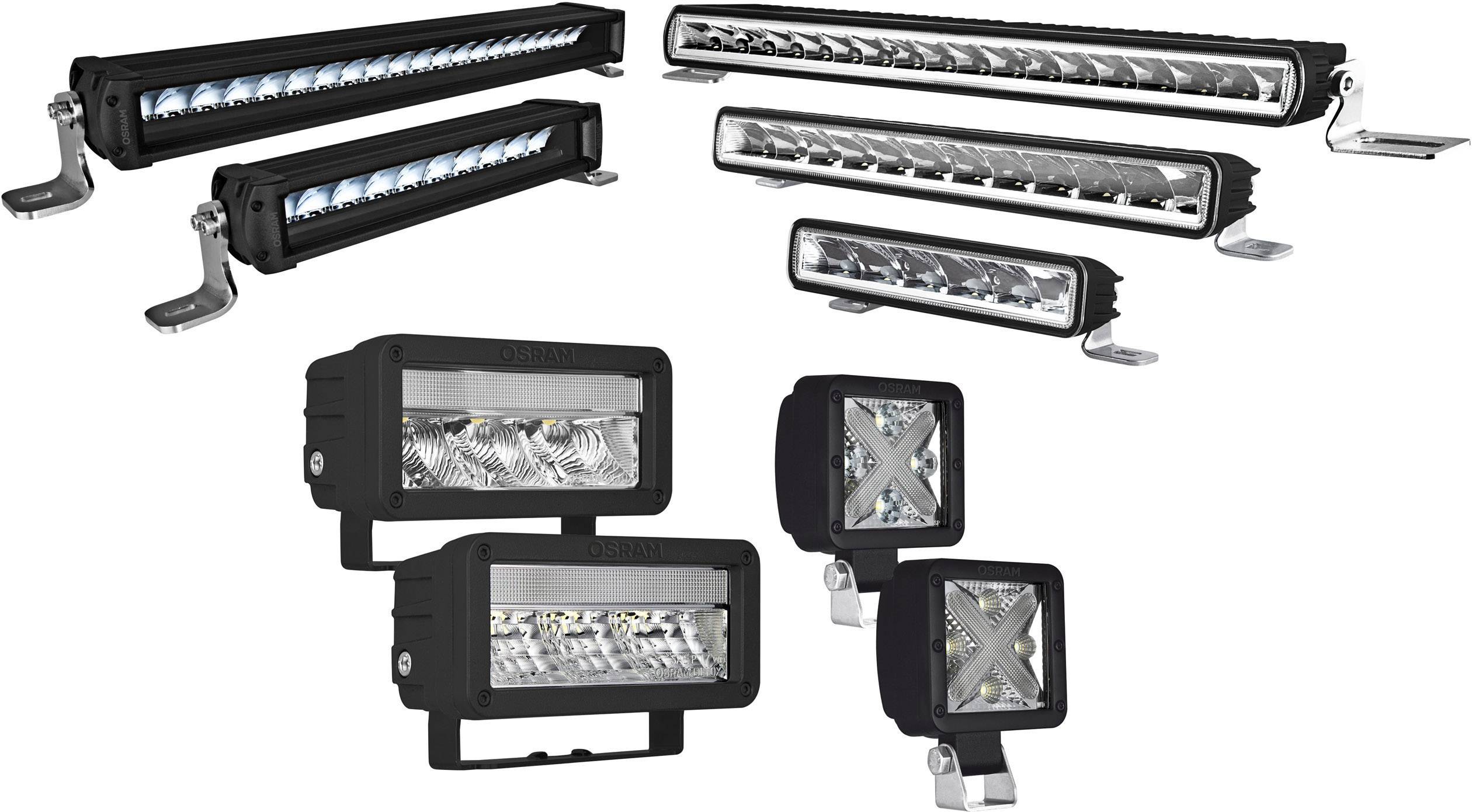 Mehrere LED-Lichtleisten und Scheinwerfer in verschiedenen Größen und Designs, geeignet für Fahrzeuge oder industrielle Anwendungen.
