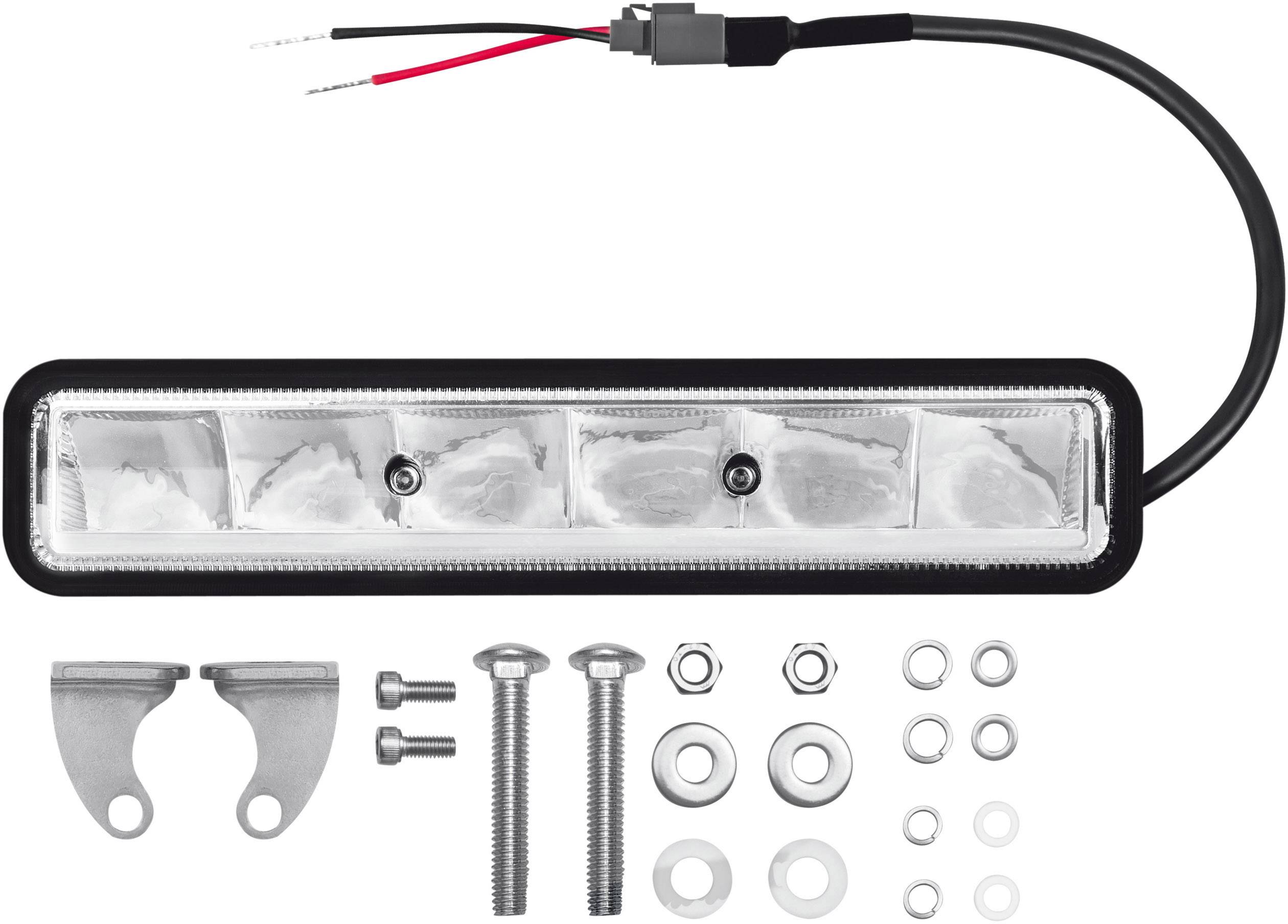 LED-Lichtleiste mit Kabel und Montagematerialien, inklusive Schrauben, Muttern und Unterlegscheiben, zur Installation.