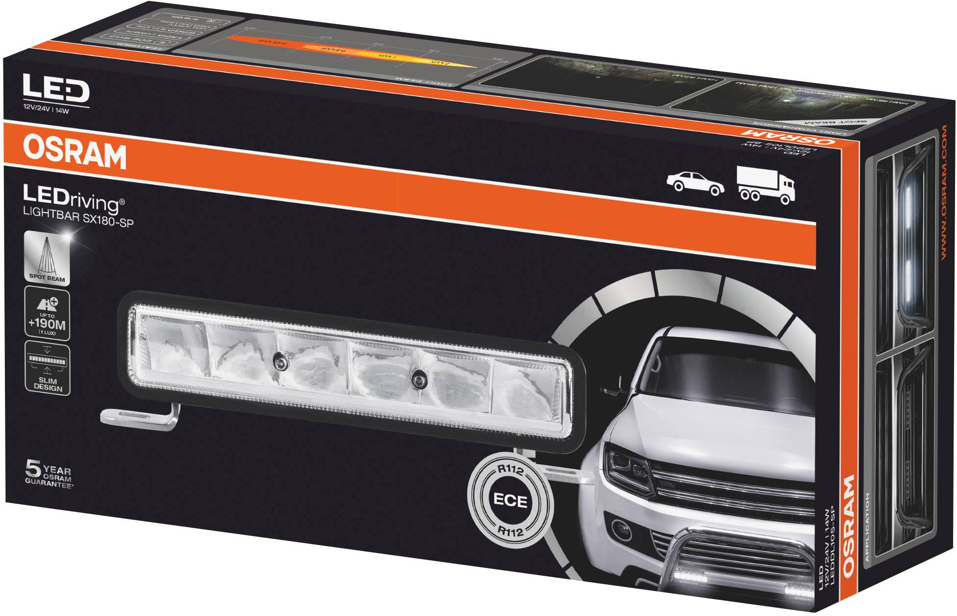 Verpackung eines LED-Fahrzeugscheinwerfers von OSRAM, zeigt Produktabbildung und ein Auto vorne, geeignet für PKW und LKW.