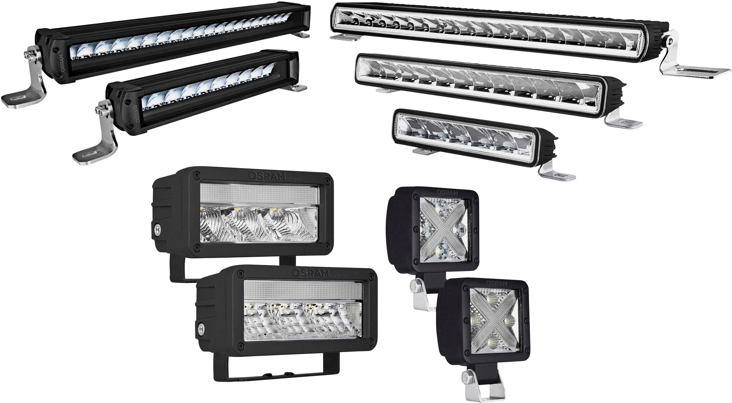 Mehrere LED-Lichtleisten und Scheinwerfer in verschiedenen Größen und Formen. Sie sind aus schwarzem Material und haben silberne Reflektoren.