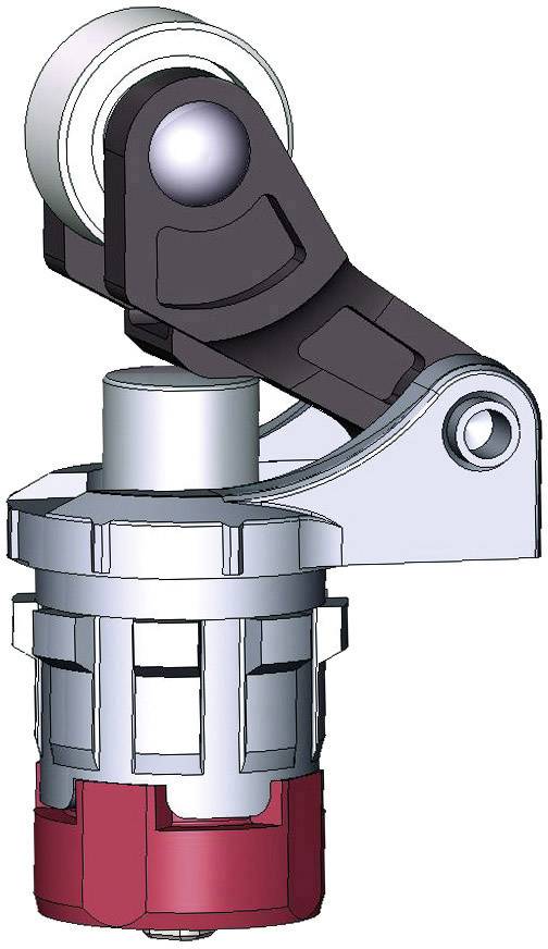 Ein komplexes mechanisches Bauteil mit einem schwenkbaren Arm und zylindrischen Teilen in Silber und Rot, geeignet für technische Anwendungen.