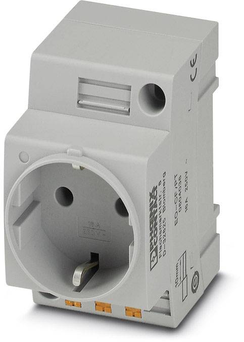 Graue Schutzkontakt-Steckdose LOCC-PT von Phoenix Contact, 16 A, 250 V, mit Schutzleiter und CE-Kennzeichnung.