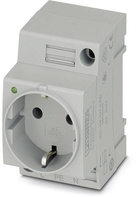 Graue Wandsteckdose mit CE-Zeichen, geeignet für 250V und 16A; zeigt Erdungs-, Phasen- und Neutralleitungsanschlüsse.