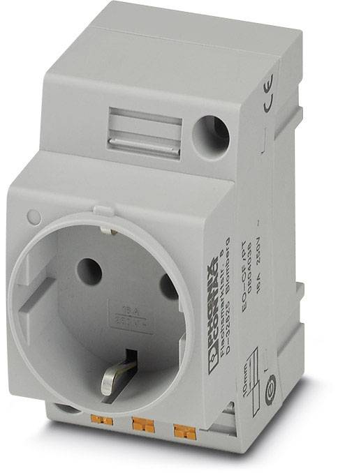Ein grauer elektrischer Schutzadapter mit Steckdose und orangefarbenen Kontrolltasten.