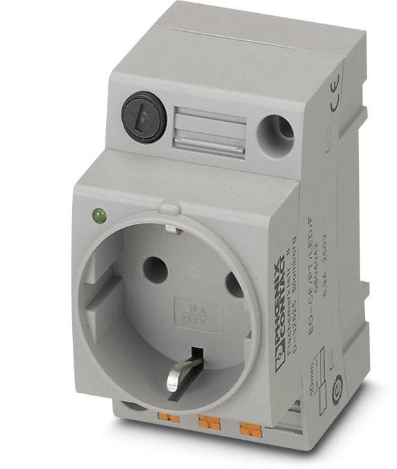 Ein grauer Stromadapter mit einer Steckdose und Schalter, geeignet für industrielle Anwendungen. CE-Kennzeichnung sichtbar auf der Seite.