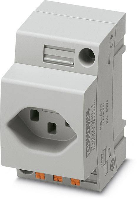 Ein grauer, rechteckiger Steckdosenadapter zur Montage auf einer Hutschiene, mit mehreren Anschlussklemmen unten rechts.