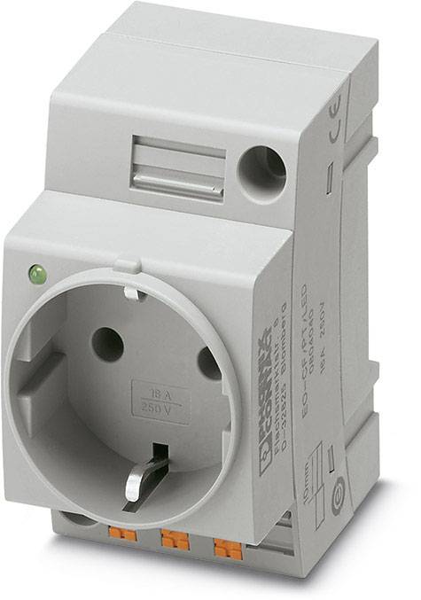 Eine Steckdose mit Schutzleiter für die Montage auf einer Hutschiene, geeignet für 250 V und 16 A.