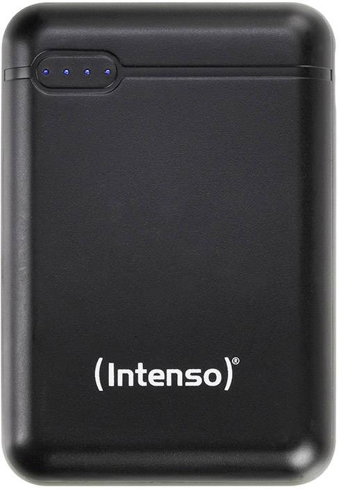Ein schwarzes tragbares Ladegerät mit vier blauen LED-Anzeigen und dem Markennamen 'Intenso' auf der Vorderseite.