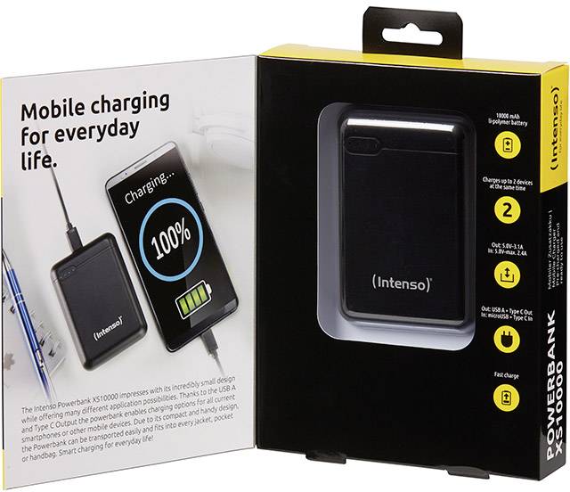 Intenso Powerbank im offenen Karton mit der Aufschrift: Mobile charging for everyday life. Anzeige mit Ladeprozentsatz und techn. Daten.