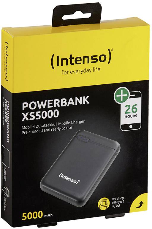 'Intenso Powerbank XS5000', gelbe Verpackung. 5000 mAh, schnellladefähig mit USB-C und Micro USB, bis zu 26 Stunden Ladezeit.