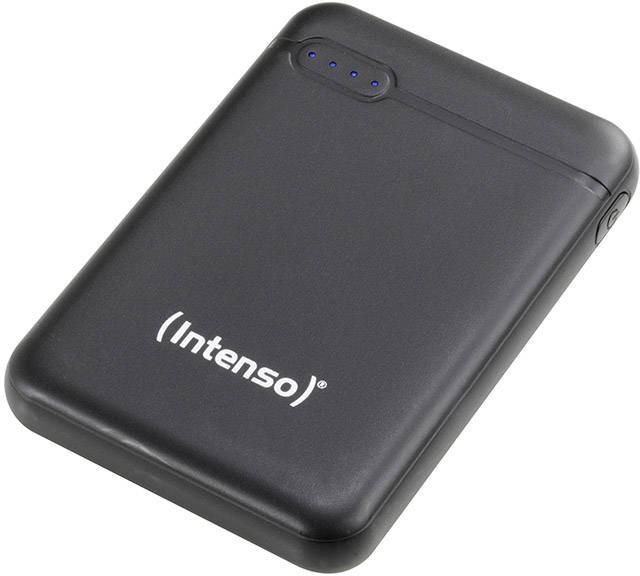Externe Festplatte in Schwarz mit dem Logo 'Intenso' auf der Vorderseite und vier blauen Leuchten oben links.