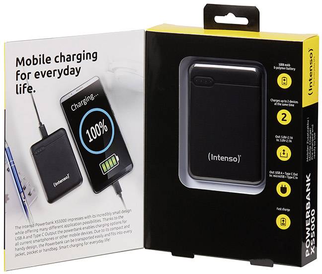 Verpackung einer Intenso Powerbank mit Ladeanzeige auf einem Smartphone. Text: 'Mobile charging for everyday life.' Kapazität: 5000 mAh.