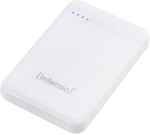 Externe weiße Festplatte von Intenso mit einem kompakten, abgerundeten Design. Oben befinden sich vier blaue LED-Anzeigen.