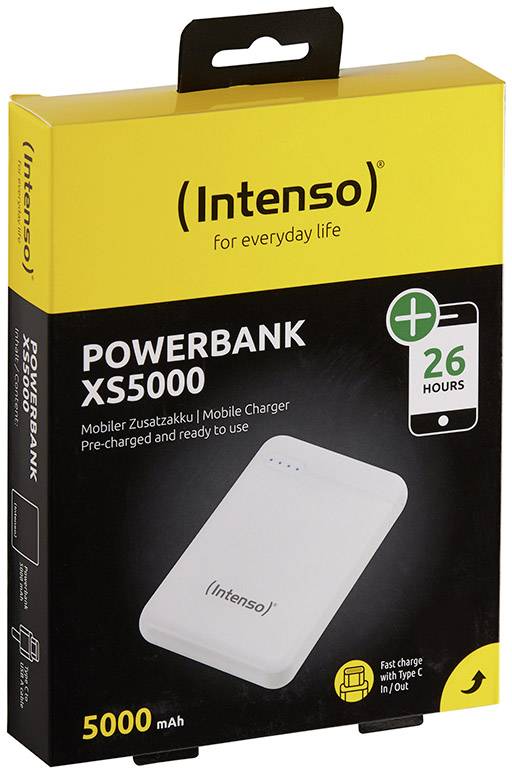 'Intenso Powerbank XS5000' Verpackung. Mobilgerät-Zusatzakku mit 5000 mAh Kapazität und USB-Typ-C-Anschluss. Bis zu 26 Stunden Zusatzladung.