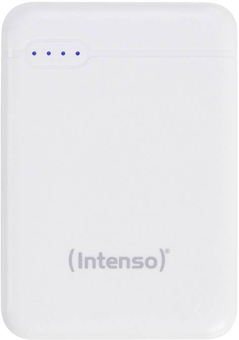 Eine weiße Powerbank mit vier blauen LED-Anzeigen und der Aufschrift 'Intenso' unten.