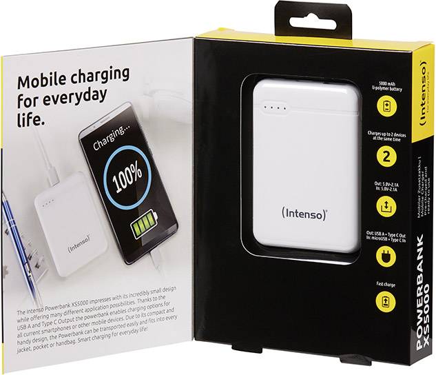 'Powerbank von Intenso' in geöffneter Verpackung. Text hebt mobile Aufladung und kompakte Form hervor. Ladebalken zeigt 100%.