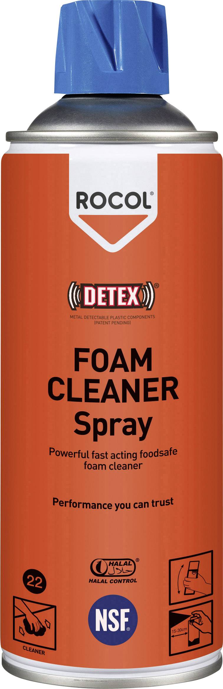Rote Spraydose mit der Aufschrift 'Rocol Foam Cleaner Spray'. Geeignet für die schnelle, lebensmittelsichere Reinigung.