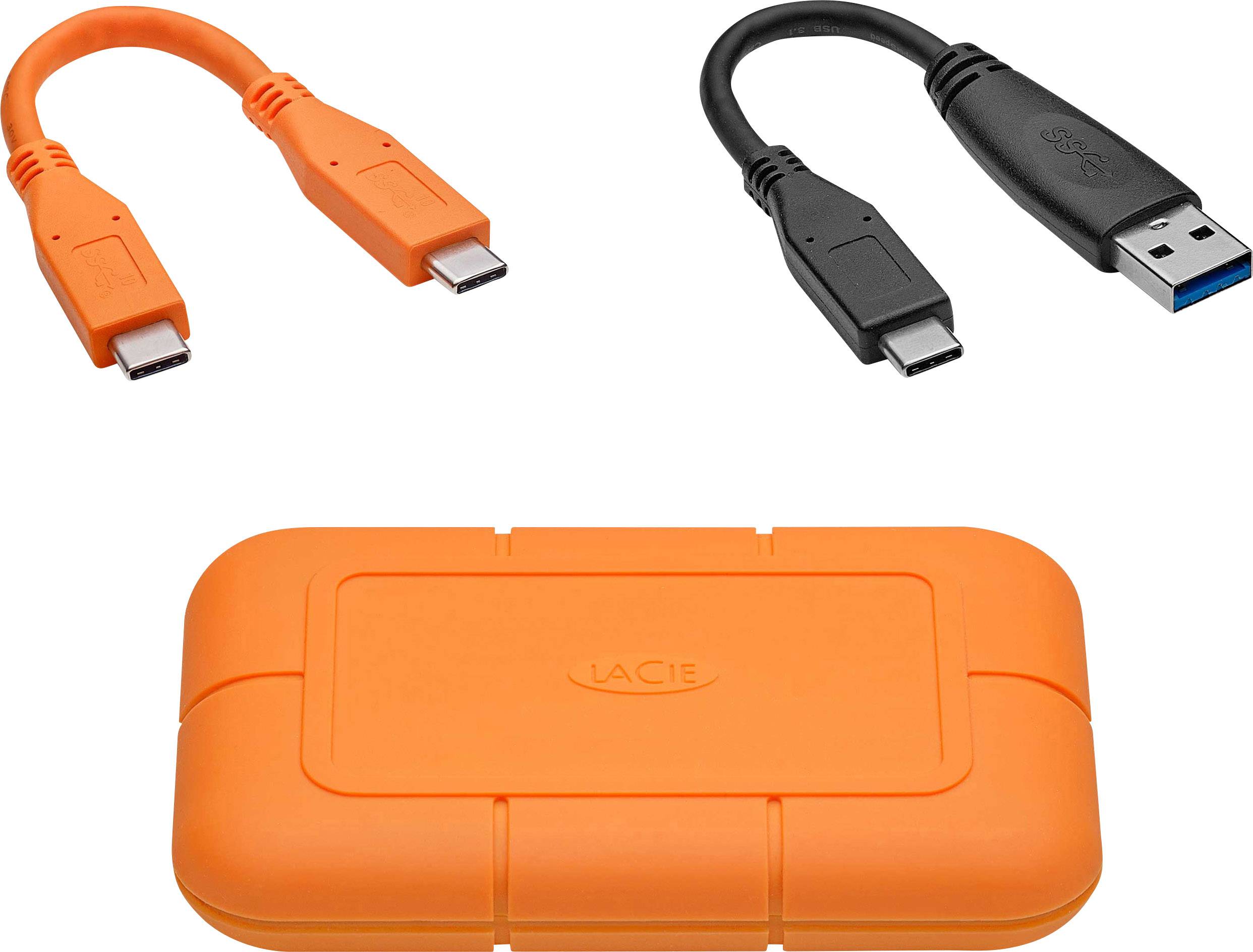 Externe Festplatte mit orangefarbenem Schutzgehäuse; zwei Anschlusskabel, eines mit USB-C und eines mit USB-A, abgebildet.