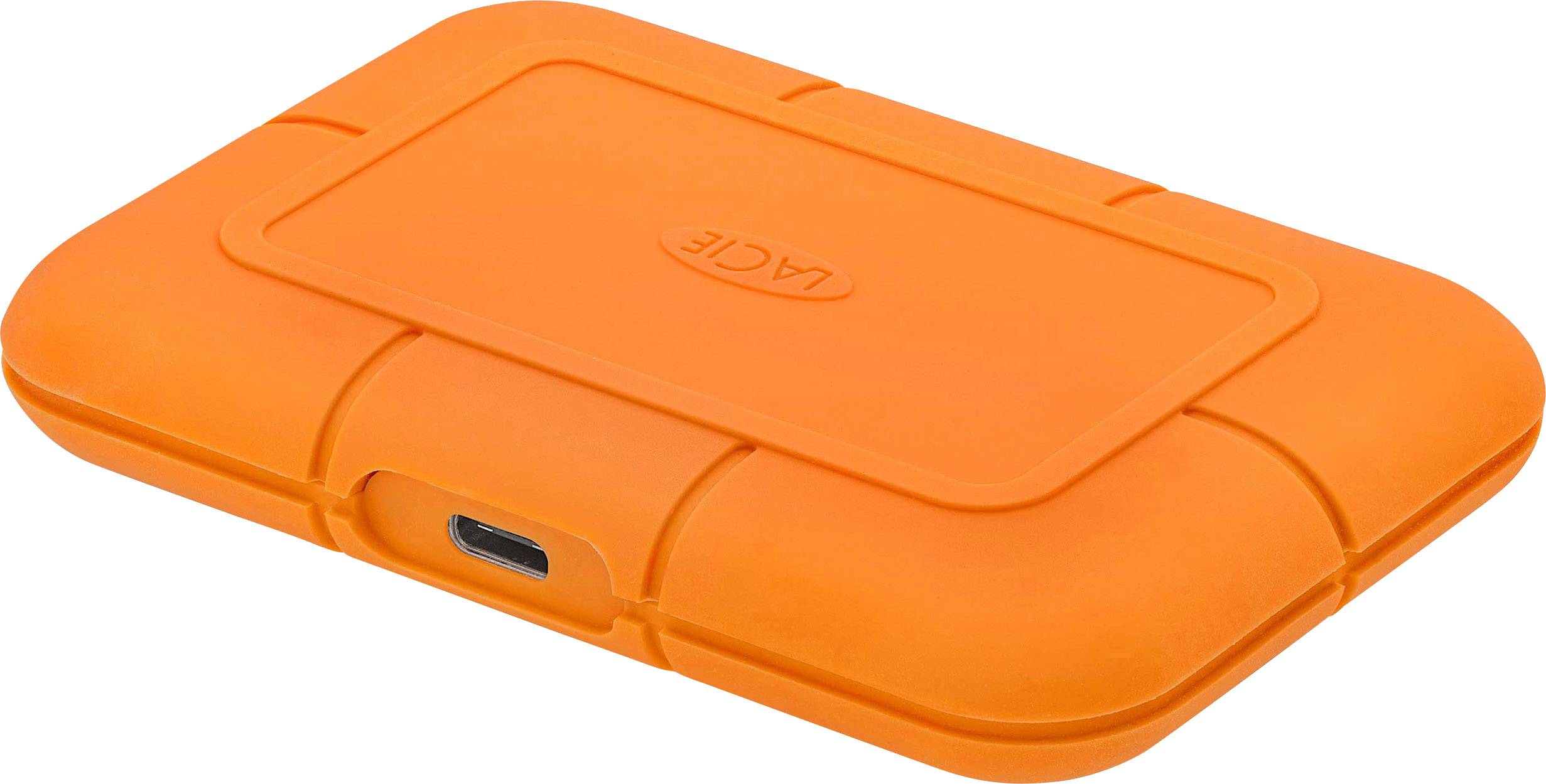 Orange, tragbare externe Festplatte mit robustem Gehäuse und USB-Anschluss, geeignet für Datenaufbewahrung und Transport.