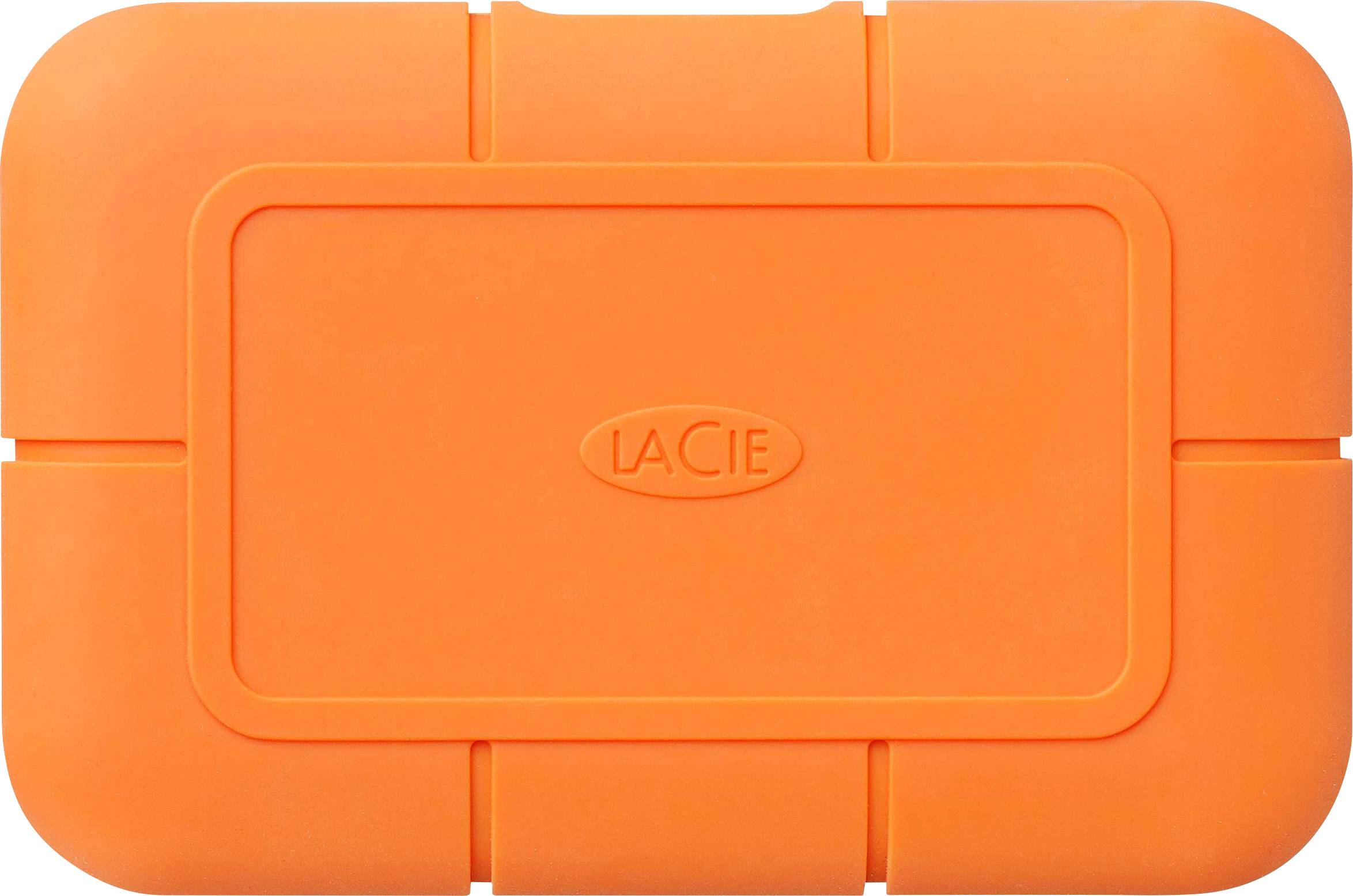 Eine orange externe Festplatte mit LaCie-Logo in der Mitte, robustes Design für Stoßfestigkeit und mobilen Gebrauch.