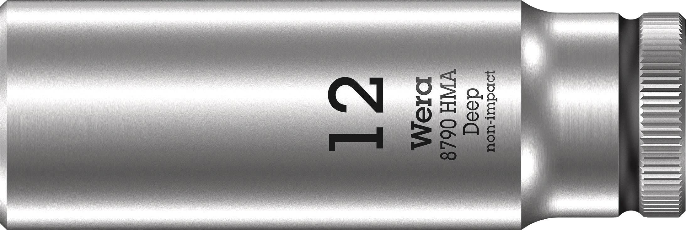 Eine silberne Tiefstecknuss von Wera, Modell 8790 HMA, mit der Größe 12. Geeignet für nicht-schlagenden Einsatz.