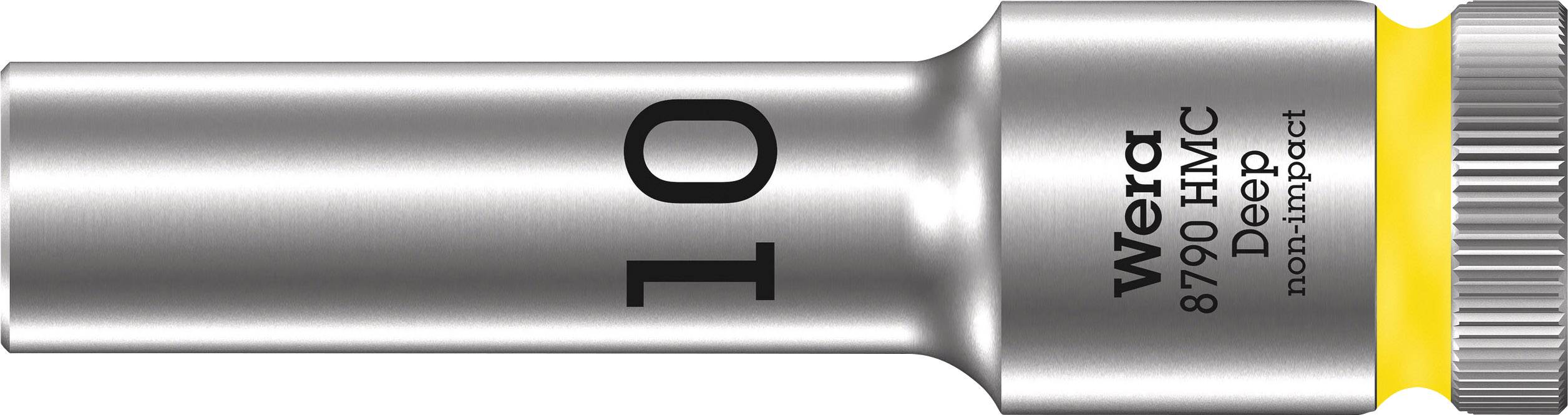Eine metallische Stecknuss von Wera, Modell 8790 HMC, Größe 10, mit gelbem Ring für tiefen Einsatz, nicht für Schlagschrauber geeignet.
