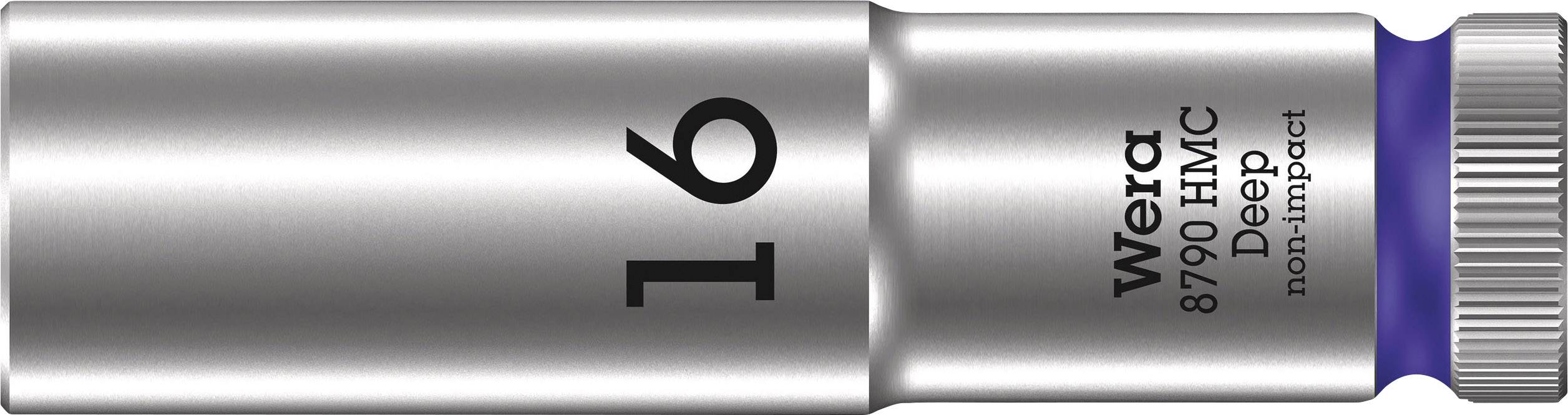 Stecknuss mit Aufschrift '16', Marke Wera, Modellnummer 8790 HMC Deep, nicht schlagfest, in Silber und Blau.