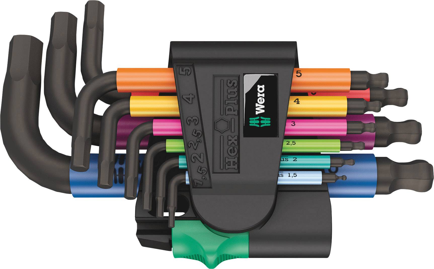 Bunter Satz Winkelschlüssel in einem schwarzen Halter, nummeriert von 1,5 bis 10. Logo der Marke 'Wera' sichtbar.