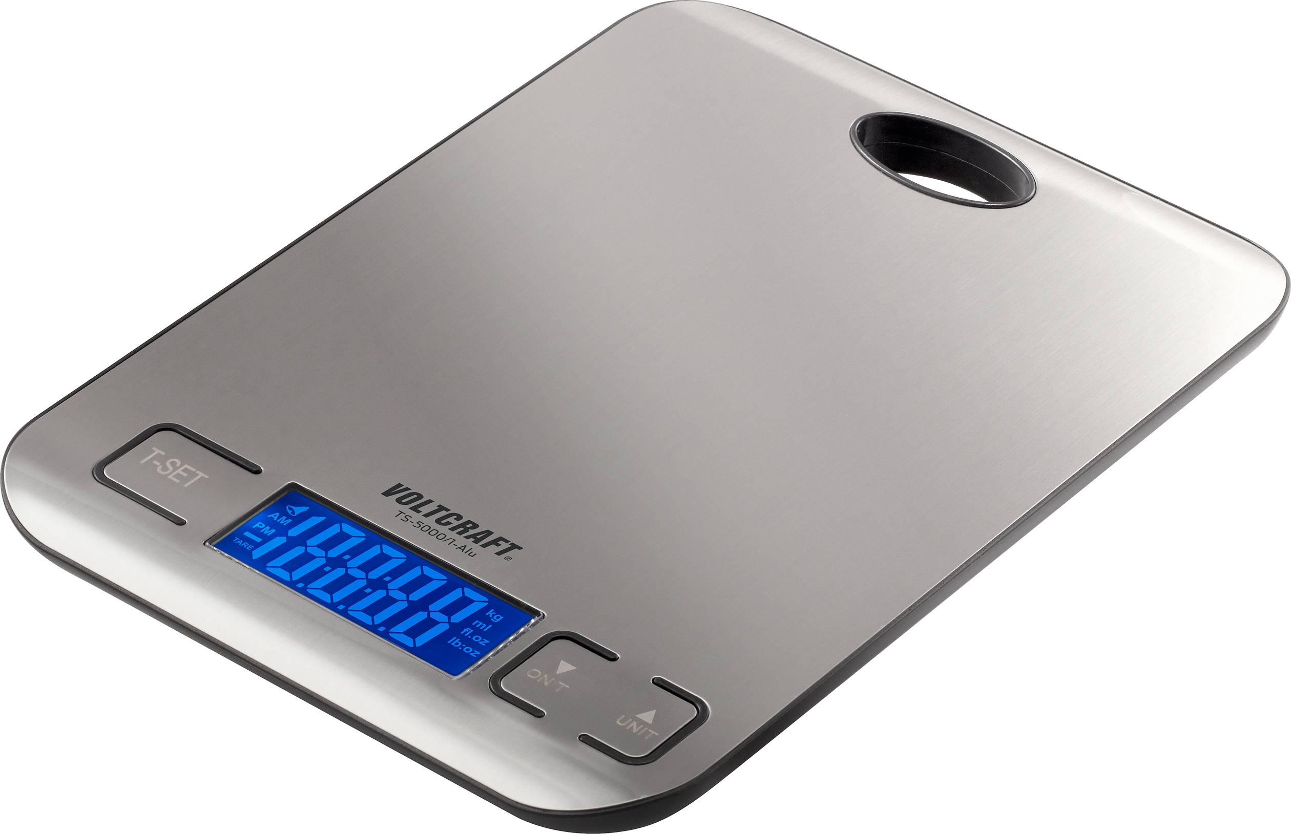 Eine digitale Küchenwaage aus Edelstahl mit einem blauen LED-Display, das '1000 g' anzeigt. Ideal zum präzisen Wiegen in der Küche.