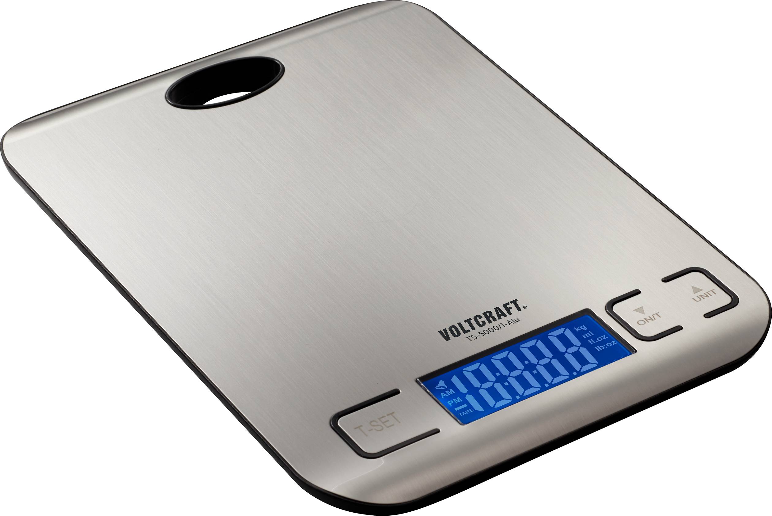 Digitale Küchenwaage aus Edelstahl mit blau beleuchtetem Display, zeigt 