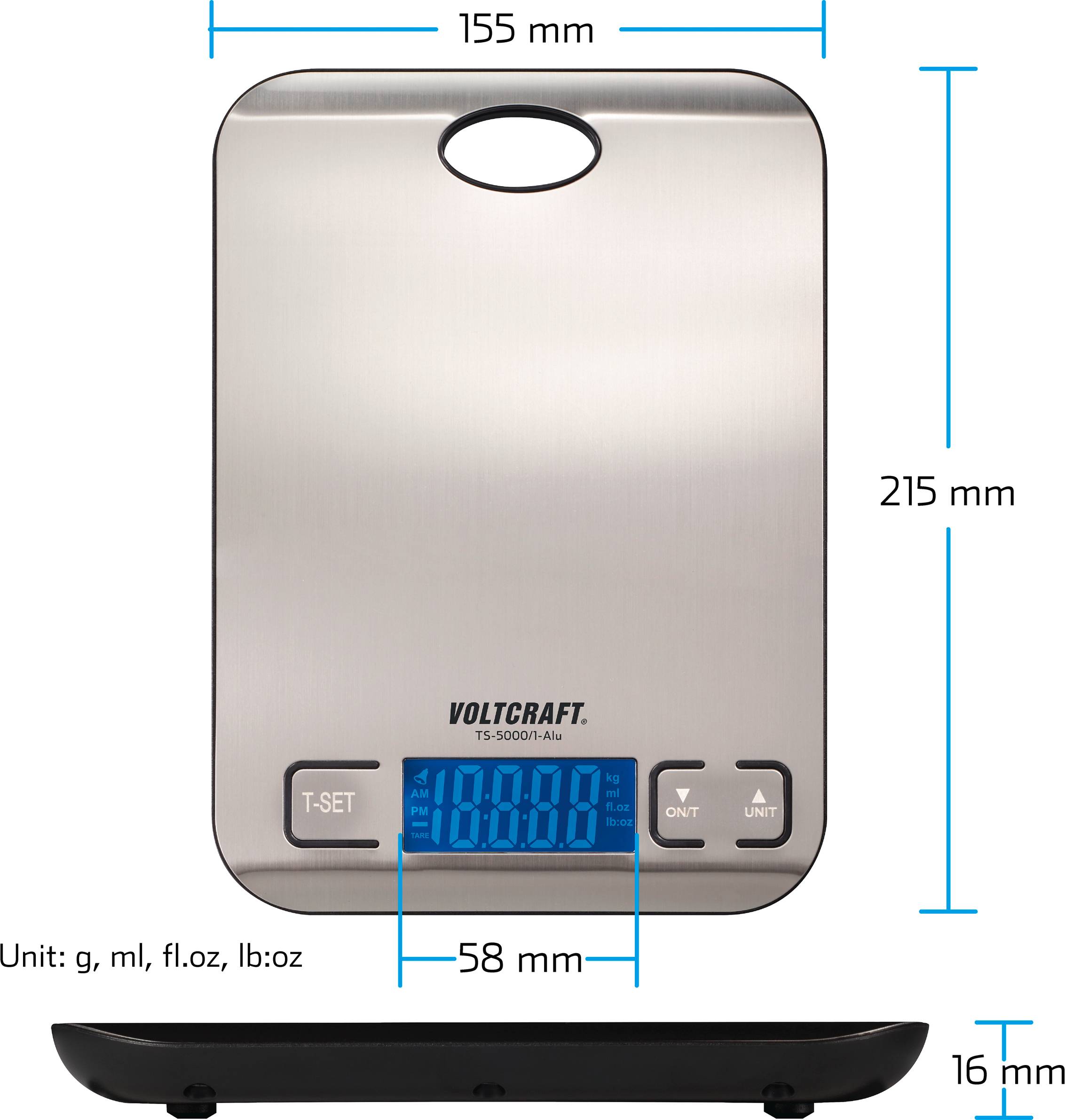 Digitale Küchenwaage mit Edelstahloberfläche, Display zeigt '1000 g' an. Maße: 215 mm Höhe, 155 mm Breite, 16 mm Dicke.
