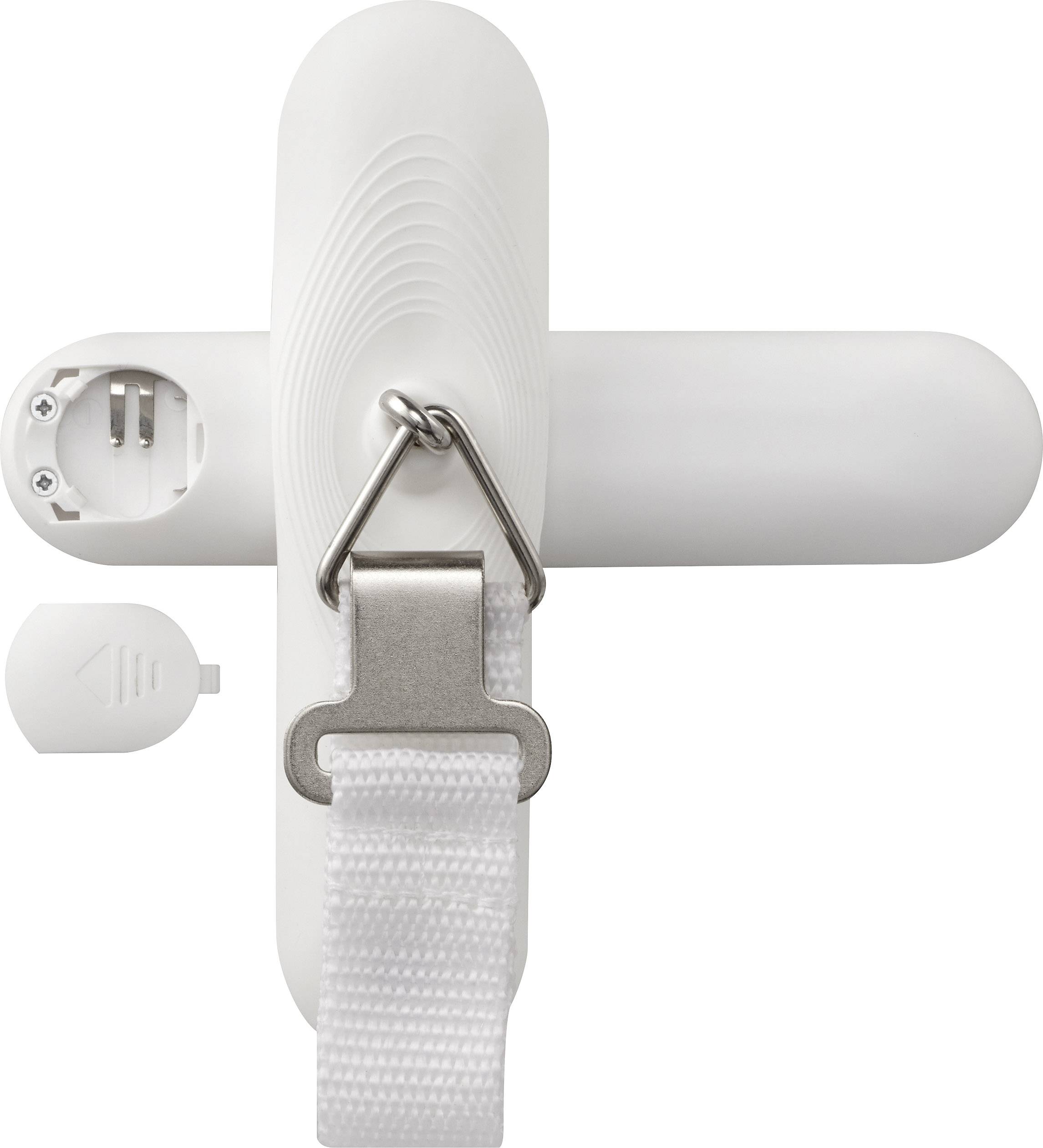 Ein weißes, kreuzförmiges Gerät mit einer Metallschnalle und einem Band. Links eine geöffnete Batteriefachabdeckung mit sichtbaren Kontakten.