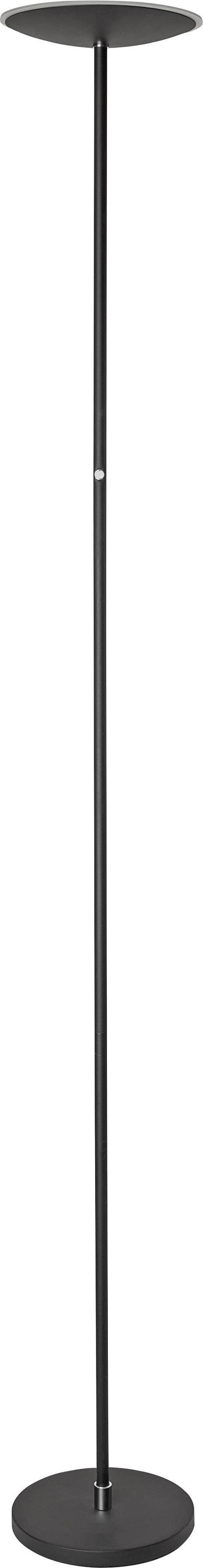 Schwarze Stehlampe mit rundem Fuß und Kopf, schlichtes, minimalistisches Design. Ideal für moderne Wohnräume.