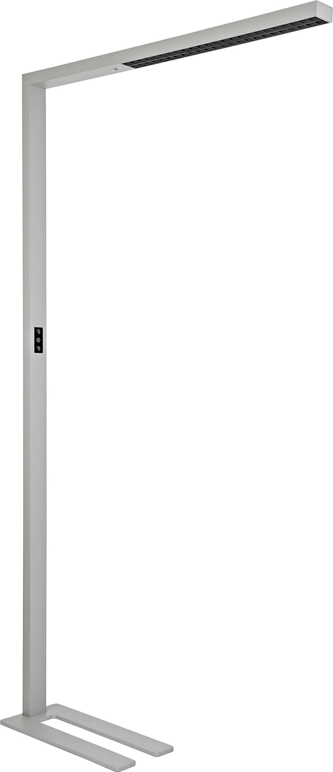 Stehlampe in modernem Design, schlank und silbern, geeignet für Bürobeleuchtung mit integriertem Schalter am Ständer.