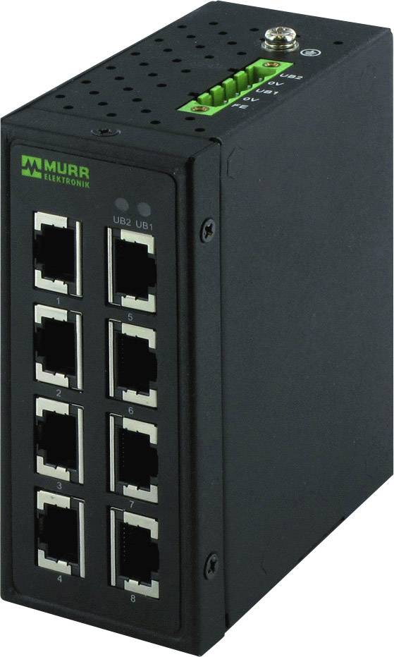 Ein schwarzer Netzwerk-Switch mit acht Ethernet-Anschlüssen, hergestellt von Murr Elektronik. Oben befinden sich grüne Kontrollleuchten.