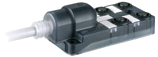 Ein schwarzer elektrischer Verteiler mit mehreren Anschlüssen und einem Kabelanschluss auf der linken Seite, von oben betrachtet.