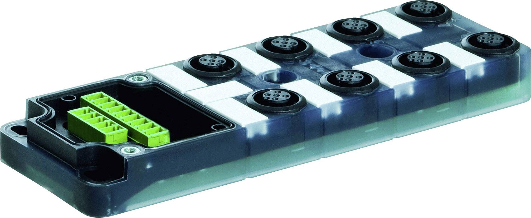 Ein rechteckiges elektronisches Gerät mit mehreren Steckplätzen und grünen Anschlüssen, das zur Verbindung von Kabeln dient.