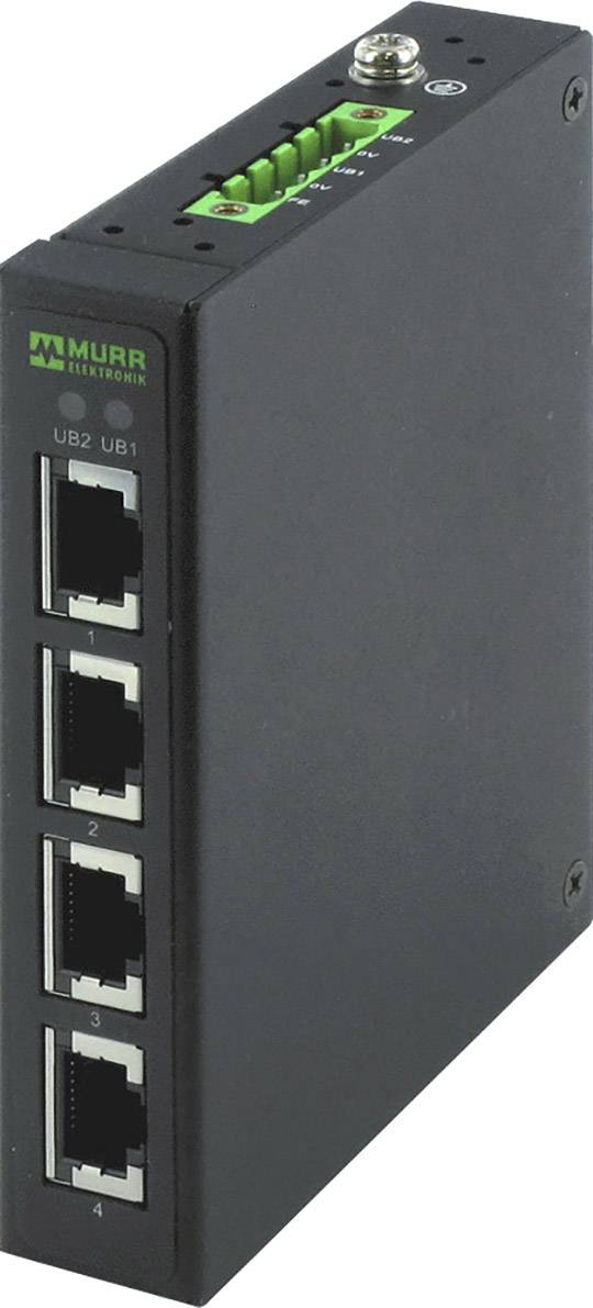 Ein schwarzer Netzwerk-Switch von Murr Elektronik mit vier Ethernet-Ports und grünen LED-Anzeigen oben.