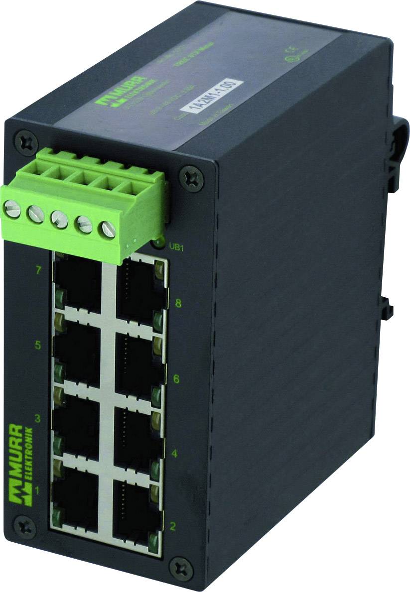 Ein schwarzer Ethernet-Switch mit acht RJ45-Anschlüssen und einem grünen Anschlussblock oben. Markenlogo 'Murr Elektronik'.