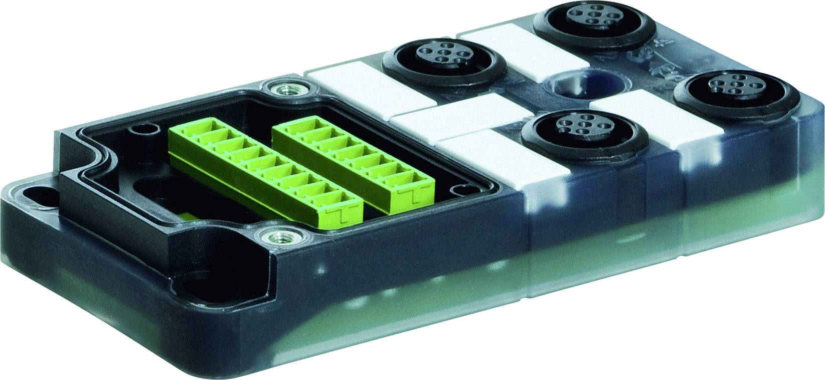 Ein elektrischer Steckverbinder mit vier runden Anschlüssen und einer grünen Anschlussklemme auf einer rechteckigen Basis.