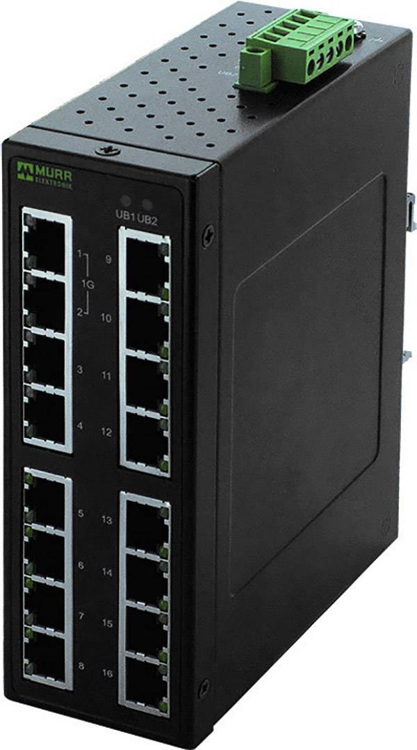 Schwarzer Netzwerk-Switch mit 24 Ethernet-Ports. Oben grüne Steckklemmen. Herstellername oben links.