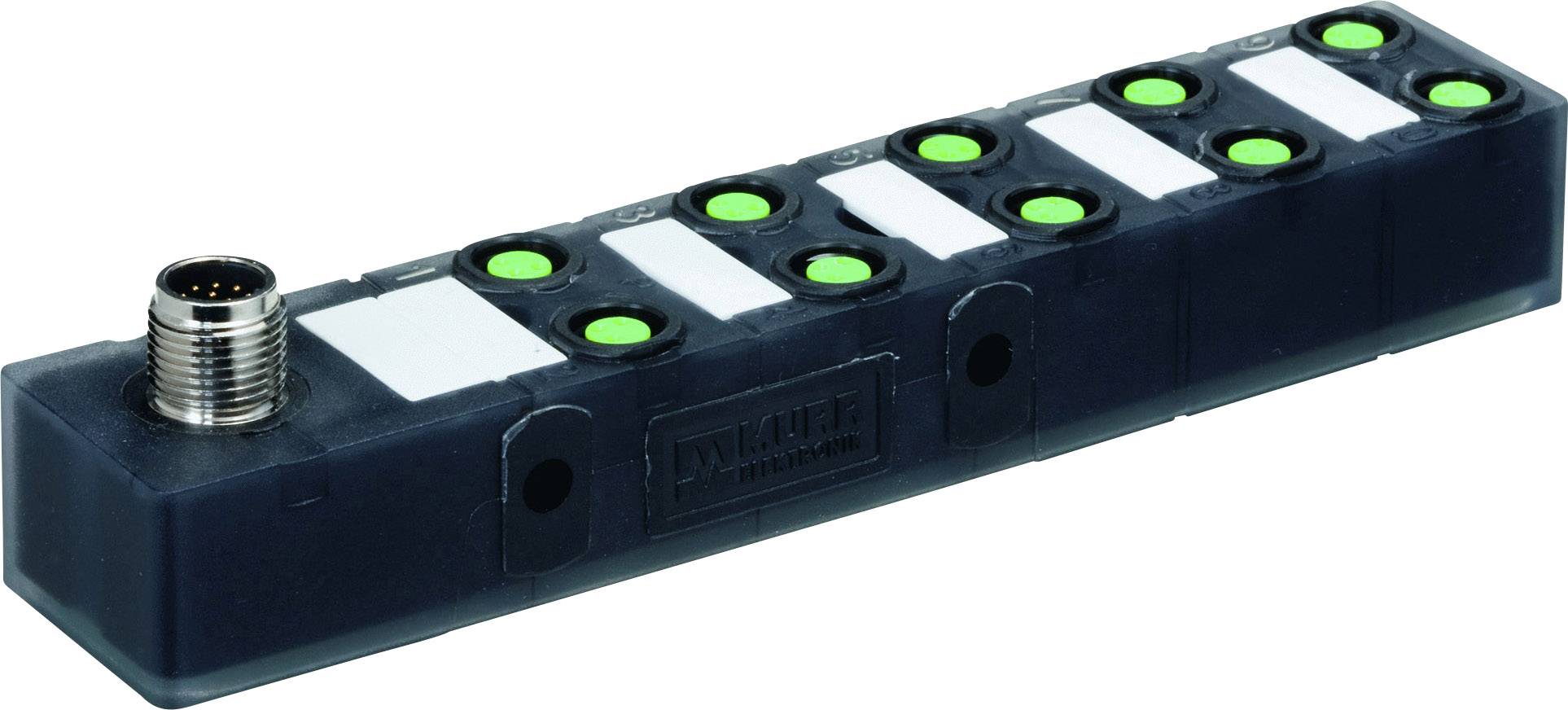 Ein schwarzes elektronisches Modul mit acht grünen Leuchtanzeigen und einem metallenen Anschluss auf der linken Seite.