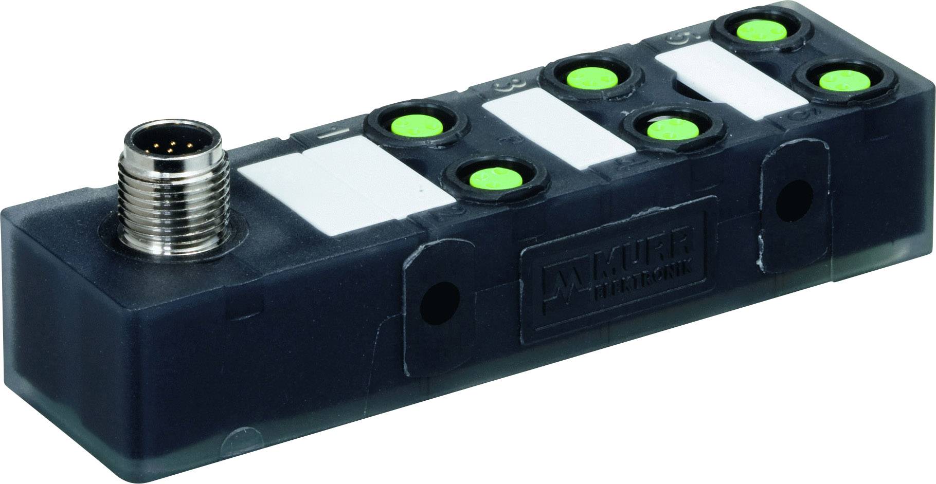 Ein schwarzer Verteilerblock mit sechs grünen LED-Anzeigen und einem silbernen Anschlussstecker oben links.